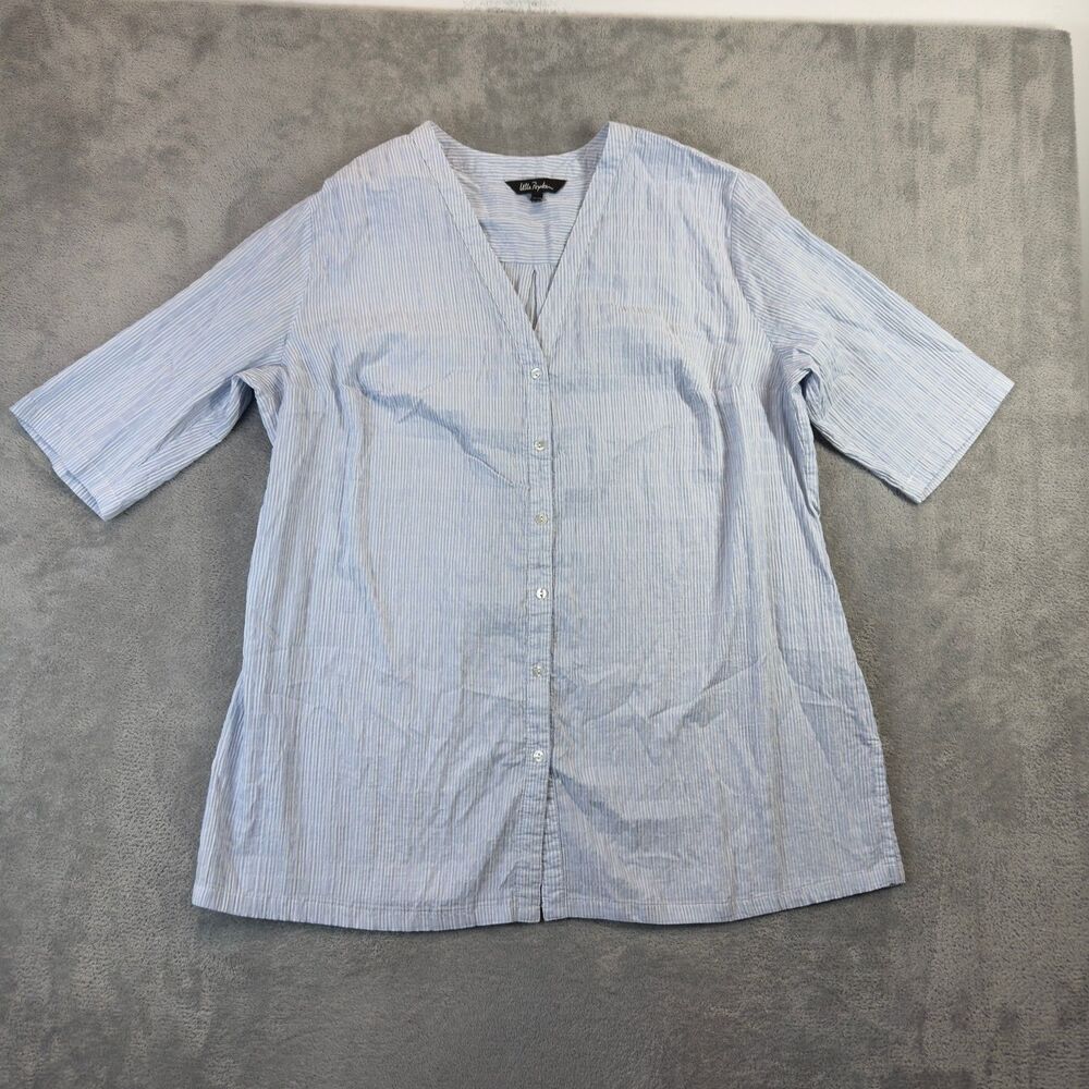 Ulla Popken Top Womens 16/18 Blue White Striped Tunic V-Neck Button Front Casual
